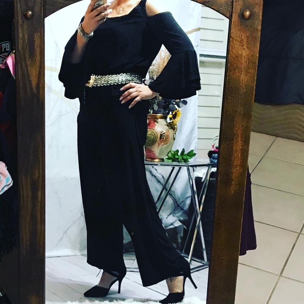 Black Preppy Cocktail Party Wedding Guest Jumpsuit Rhinestones Cold Shoulder L